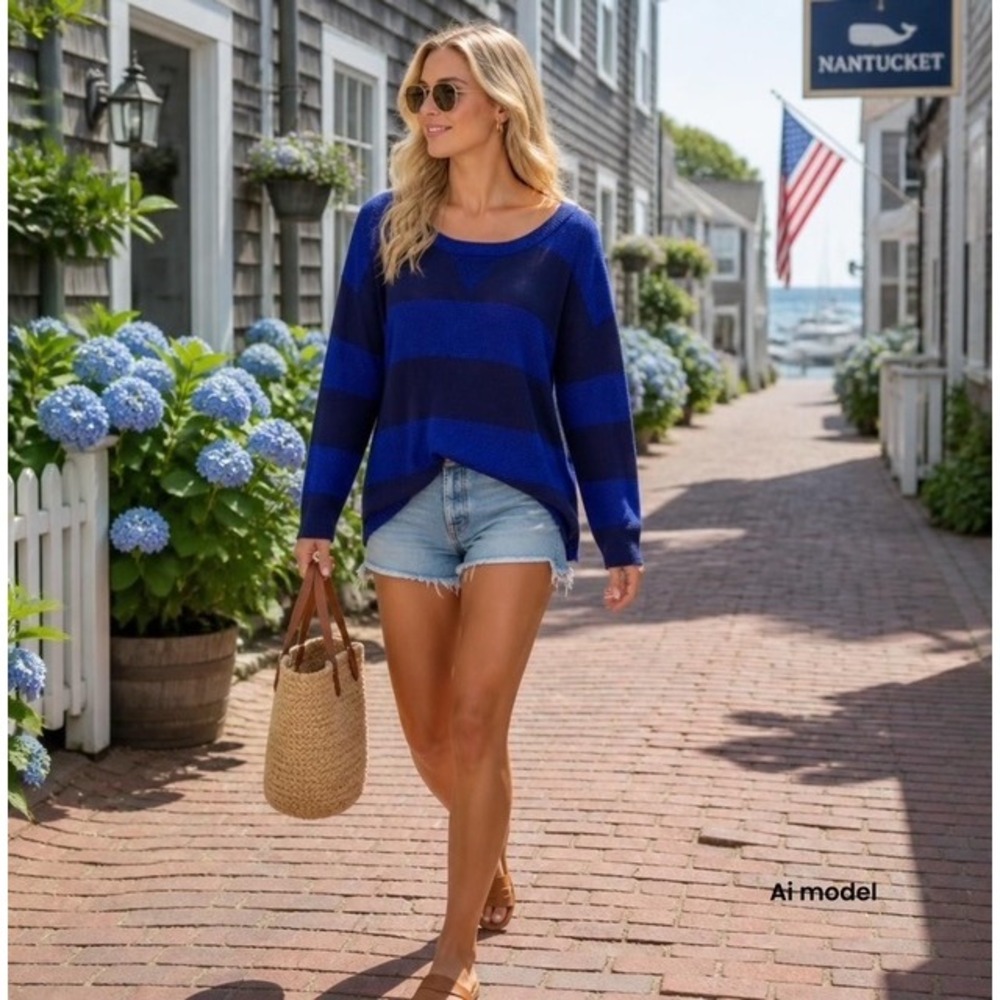ana A  Large Blue Striped shimmery Oversized lightweight Sweater L 3/4‎ Slv